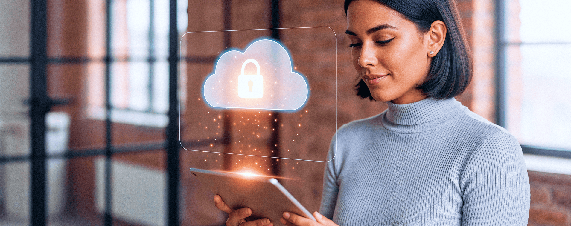About Furation – woman using a tablet with holographic cloud security UI